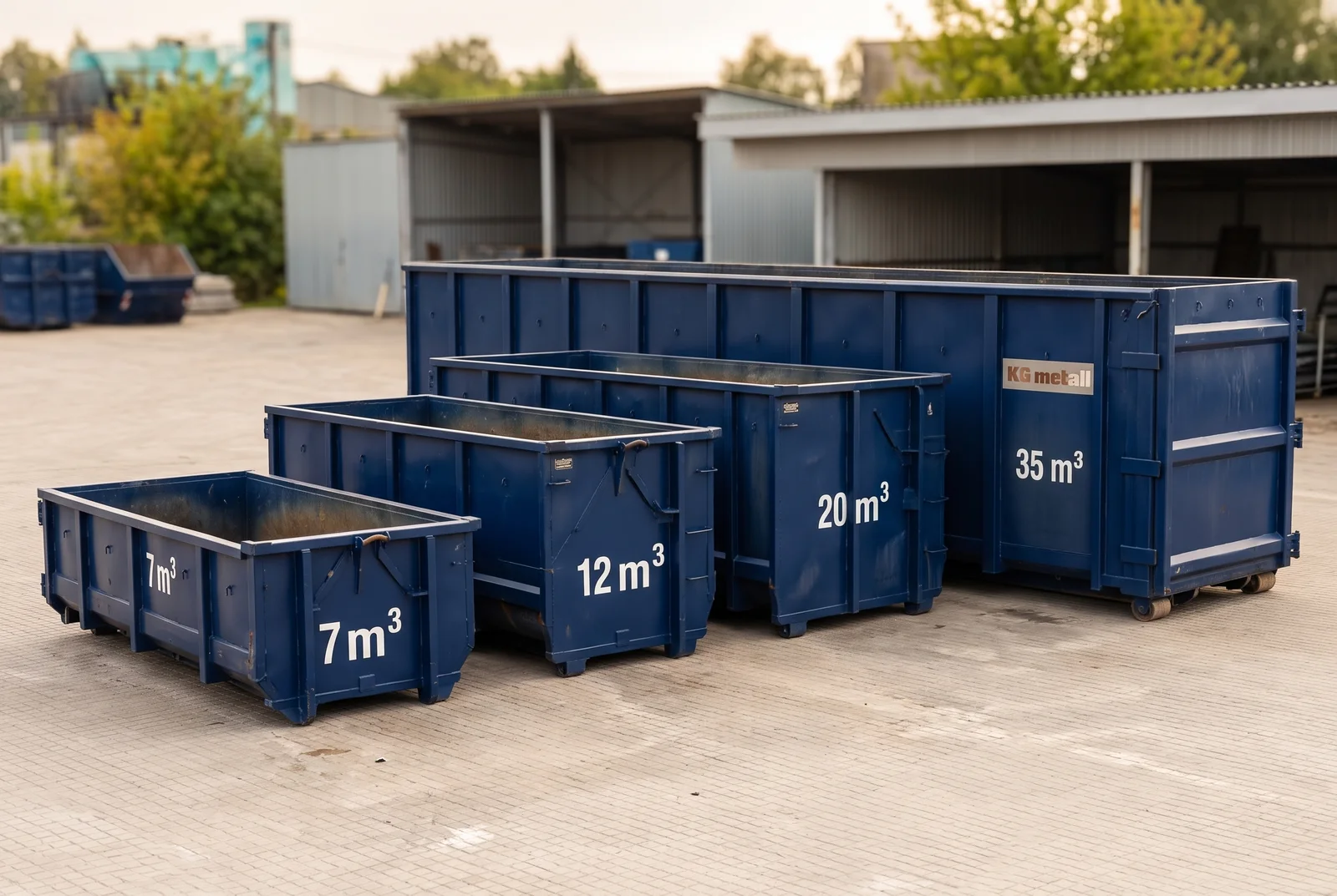 AI ilustrācija: zilie metāllūžņu konteineri ar 7, 12, 20 un 35 m³ marķējumu un KG Metall logo